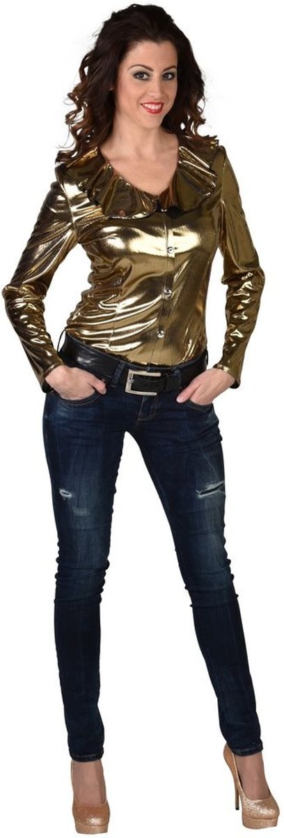 Glitter & Glamour Kostuum | Gouden Glitter Folie Blouse Vrouw | XXL | Carnaval kostuum | Verkleedkleding